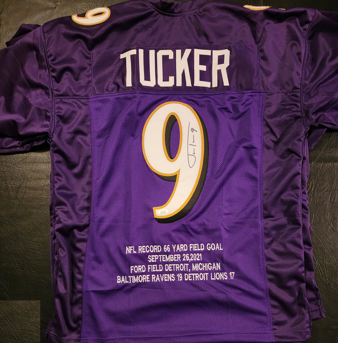 Justin Tucker Autographed Purple Custom Stat Jersey v1