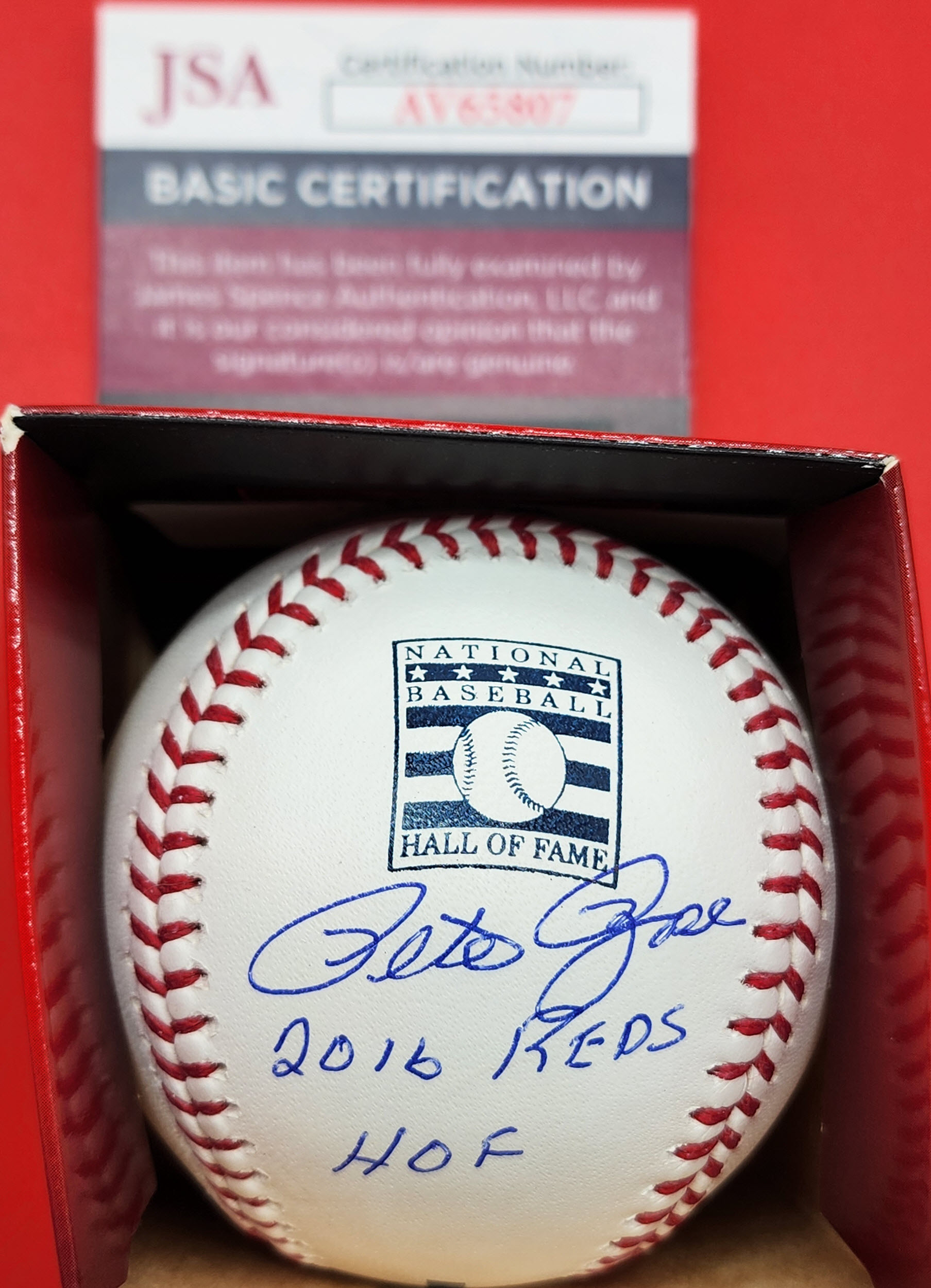 Pete Rose Autographed HOF Baseball Inscribed 2016 Reds HOF LOGO JSA COA v1