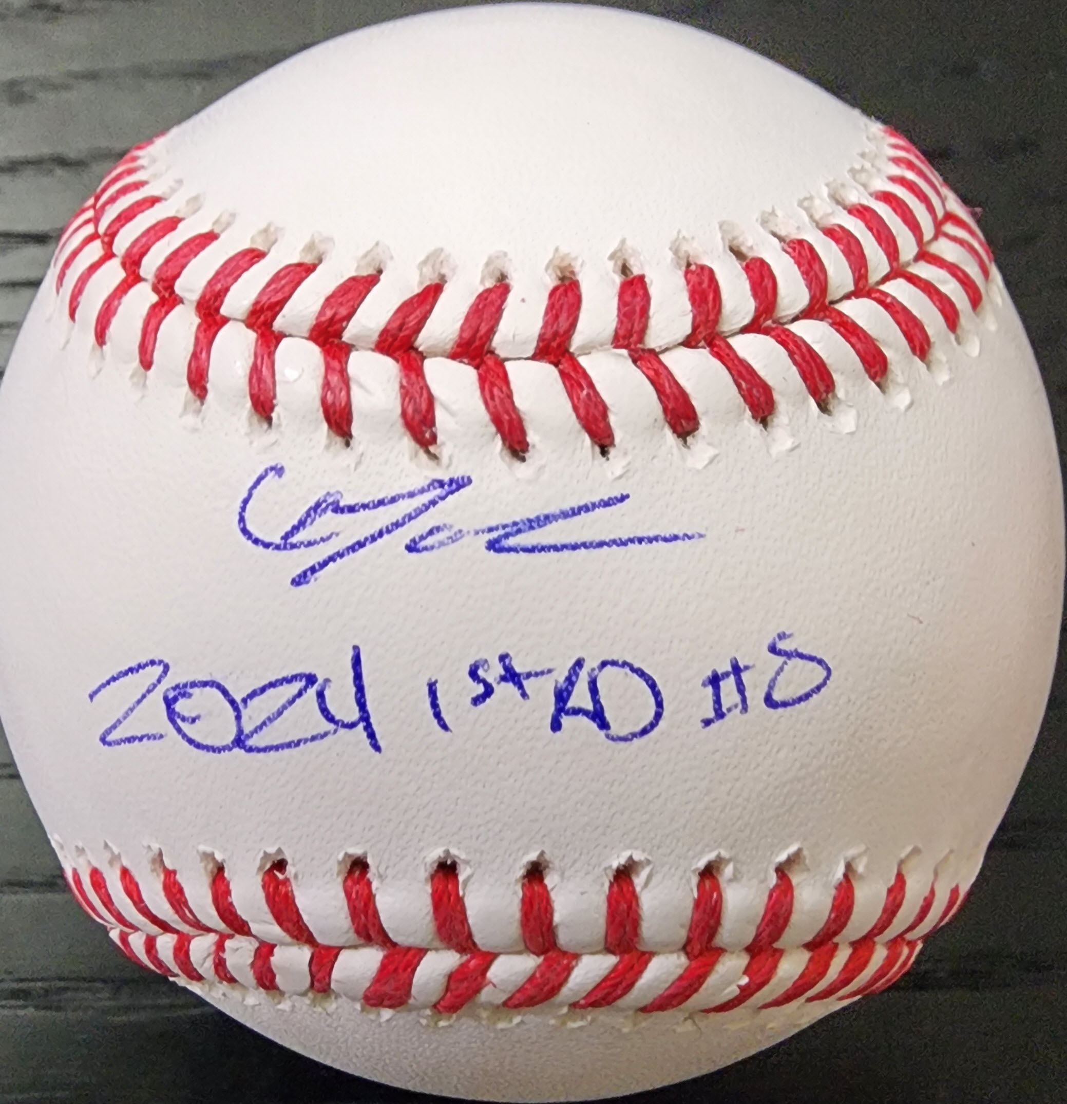 Christian Moore Autographed Rawlings OMLB Baseball Inscribed 2024 1st Rb #8 Beckett Witnessed COA v1