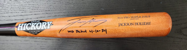 Jackson Holliday Autographed Old Hickory Bat inscribed MLB Debut v1