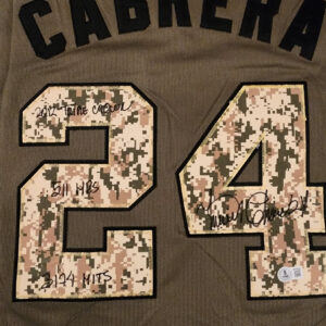 Miguel Cabrera Autographed Green Salute to Service Detroit Tigers Inscribed Jersey Beckett COA v2