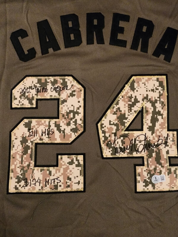 Miguel Cabrera Autographed Green Salute to Service Detroit Tigers Inscribed Jersey Beckett COA v2