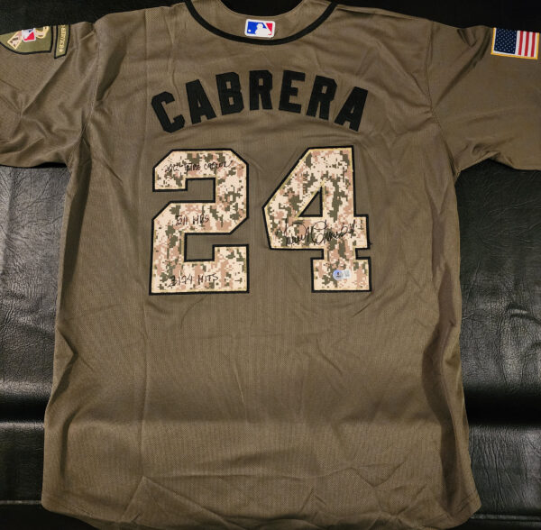 Miguel Cabrera Autographed Green Salute to Service Detroit Tigers Inscribed Jersey Beckett COA v3