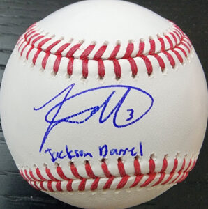 Jackson Merrill Autographed OMLB Baseball Inscribed Jackson Barrel v1