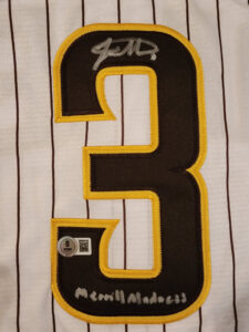 Jackson Merrill Autographed Padres Home Jersey Inscribed Merrill Madness Beckett COA v1