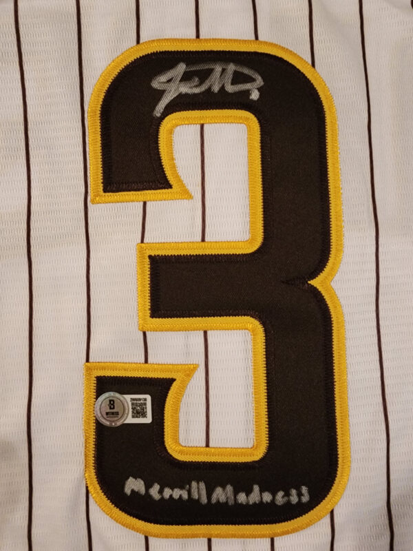 Jackson Merrill Autographed Padres Home Jersey Inscribed Merrill Madness Beckett COA v1