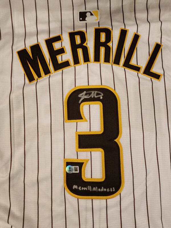 Jackson Merrill Autographed Padres Home Jersey Inscribed Merrill Madness Beckett COA v2