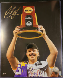 Paul Skenes Autographed LSU Tigers MCWS MVP Trophy 16x20 Photograph v1