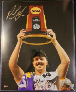 Paul Skenes Autographed LSU Tigers MCWS MVP Trophy 16x20 Photograph v4