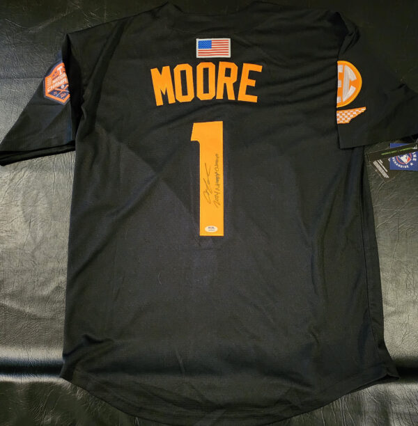 Christian Moore Autographed Black Tennessee Volunteers 2024 MCWS Jersey Inscribed 2024 Natty Champs v3