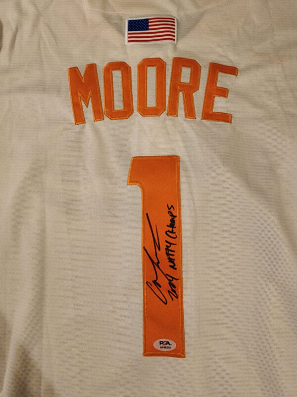 Christian Moore Autographed Cream Tennessee Volunteers 2024 MCWS Jersey Inscribed 2024 Natty Champs v2