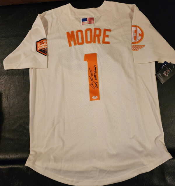 Christian Moore Autographed Cream Tennessee Volunteers 2024 MCWS Jersey Inscribed 2024 Natty Champs v3