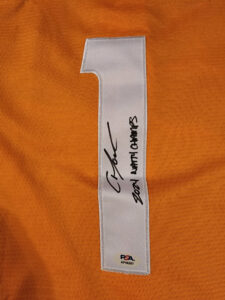 Christian Moore Autographed Orange Tennessee Volunteers 2024 MCWS Jersey Inscribed 2024 Natty Champs v1