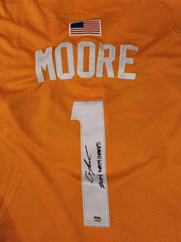 Christian Moore Autographed Orange Tennessee Volunteers 2024 MCWS Jersey Inscribed 2024 Natty Champs v2