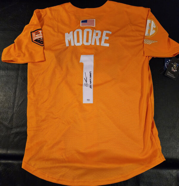 Christian Moore Autographed Orange Tennessee Volunteers 2024 MCWS Jersey Inscribed 2024 Natty Champs v3