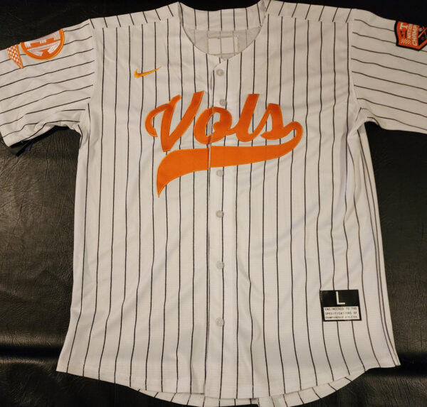 Christian Moore Autographed Pinstriped Tennessee Volunteers 2024 MCWS Jersey Inscribed 2024 Natty Champs v4