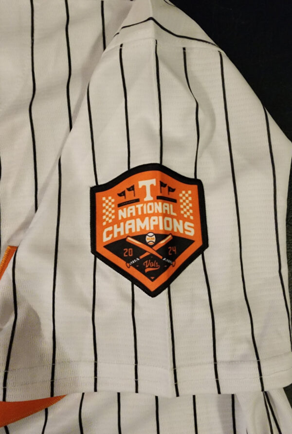 Christian Moore Autographed Pinstriped Tennessee Volunteers 2024 MCWS Jersey Inscribed 2024 Natty Champs v5
