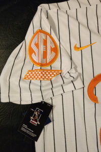 Christian Moore Autographed Pinstriped Tennessee Volunteers 2024 MCWS Jersey Inscribed 2024 Natty Champs v6