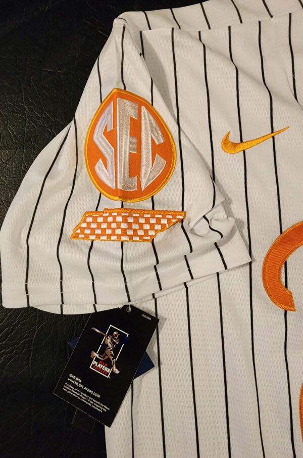 Christian Moore Autographed Pinstriped Tennessee Volunteers 2024 MCWS Jersey Inscribed 2024 Natty Champs v6