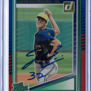 Jacob Misiorowski Autographed 2025 Donruss Rated Prospects Red and Blue Rookie Card RC