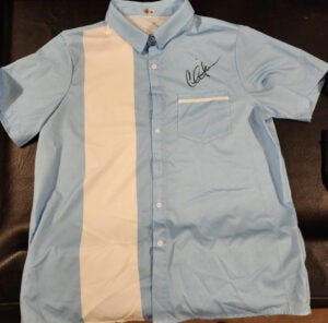 Charlie Sheen Autographed Signed Two and A Half Men Blue Bowling Shirt v3