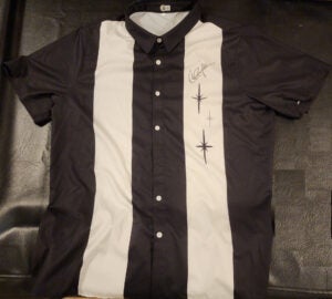 Charlie Sheen Autographed Signed Two and A Half Men Vintage Black White Bowling Shirt v3